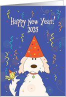 New Year’s 2025 Dog in Party Hat with Bird Buddy and Party Blower card