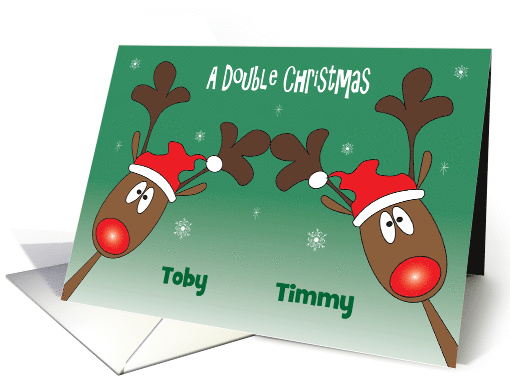 1st Christmas Twin Great Grandsons, Custom Names & Reindeer card
