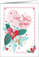 Hand Lettered Valentine’s Love You Great Niece with Heart Bouquets card