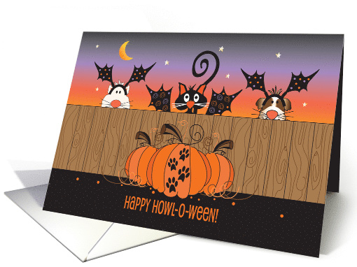 Happy Halloween, Two Dogs and A Cat at Fence Howl-o-ween card