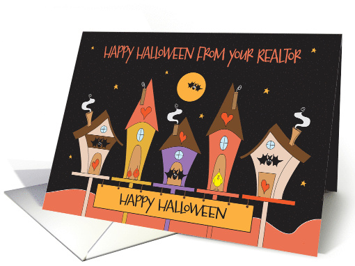 Halloween from Realtor, Birdhouses with Birds, Bats and Hearts card