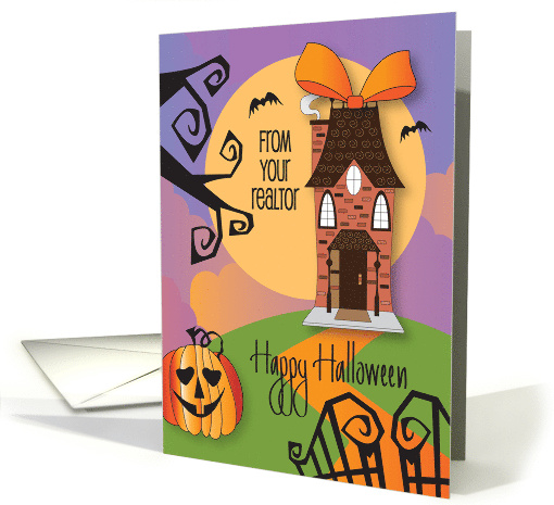 Halloween from Realtor with Tall Home, Bow, Fence, and Pumpkin card