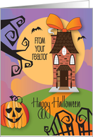 Halloween from Realtor with Tall Home, Bow, Fence, and Pumpkin card