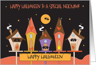 Halloween to Neighbor, Bird houses with bats, hearts & sign card