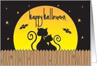 Hand Lettered Halloween Flying Black Kitty on Broom with Black Bats card