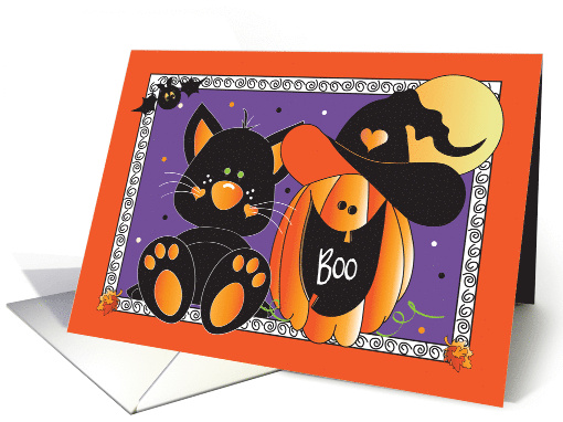 Hand Lettered Halloween BOO Black Cat and Witch Jack O Lantern card