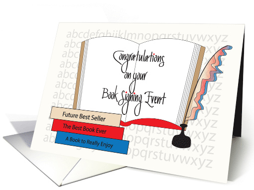 Congratulations on Book Signing Event, Plume Pen & Open Book card