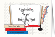 Congratulations on Book Signing Event, Plume Pen & Open Book card
