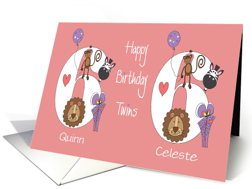 Birthday for Twin 6 Year Old Girls, Custom Names & Zoo Animals card
