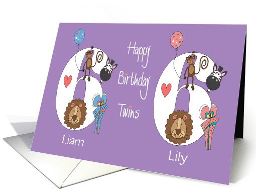 Birthday Twin 6 Year Old Girl & Boy, Custom Names & Zoo Animals card