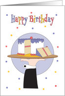 Birthday for Waiter, Hand in Black Suit Holding Tray with Cake card
