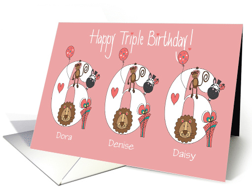 Birthday 6 year old girl Triplets, Custom Names & Zoo Animals card
