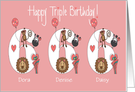 Birthday 6 year old girl Triplets, Custom Names & Zoo Animals card