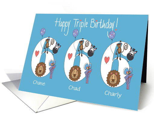 Birthday 6 year old boy Triplets, Custom Names & Zoo Animals card