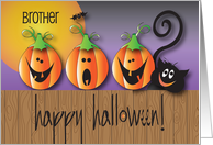Halloween for Brother, Three Jack O’ Lanterns & Black Cat on Fence card