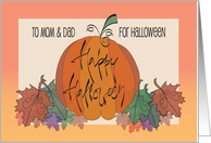 Hand Lettered Halloween for Mom & Dad, Pumpkin in Fall Leaves card