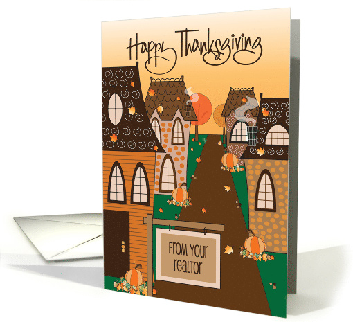 Hand Lettered Thanksgiving from Realtor Cottages with Fall Leaves card