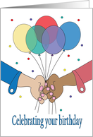 Birthday for Gay Life Partner, Holding Hands and Balloon Cluster card