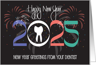 Hand Lettered New Year 2025 from Dentist with Fireworks and Tooth card