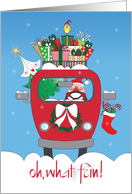 Santa Delivering Gifts in Red Van, Oh What Fun with Gifts Piled On Top card