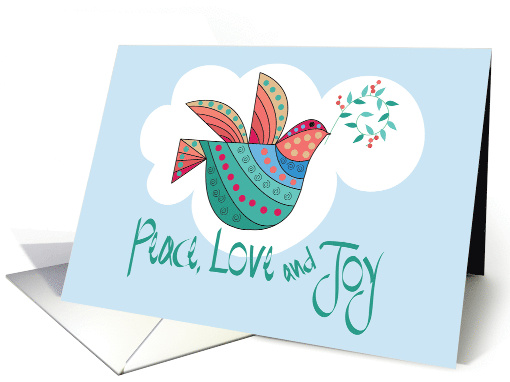 Hand Lettered Peace Love and Joy Angel Dove with Olive Branch card