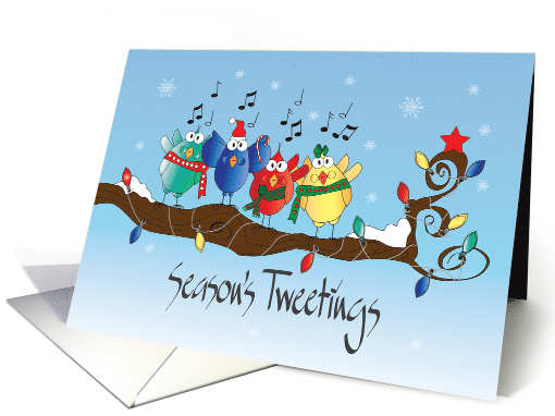 Hand Lettered Christmas with Chorus of Birds on Decorated Branch card