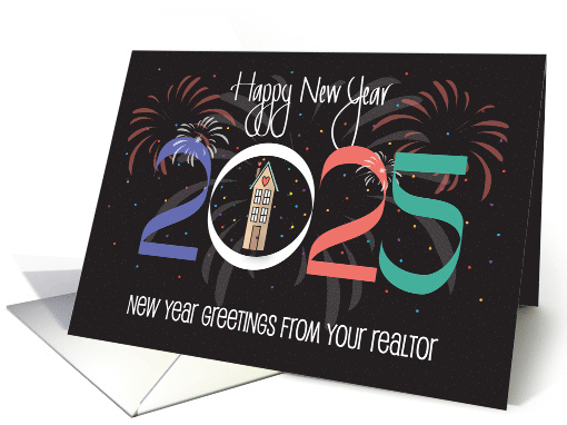 Hand Lettered New Year 2025 from your Realtor Fireworks and House card
