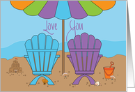 Hand Lettered Romantic Beach Love You, Umbrella & Beach Chairs card