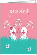Hand Lettered You are so Loved, Two Rabbits with Hearts card