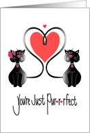 Hand Lettered You’re Just Pur-r-rfect, Two Cats with Heart Tails card