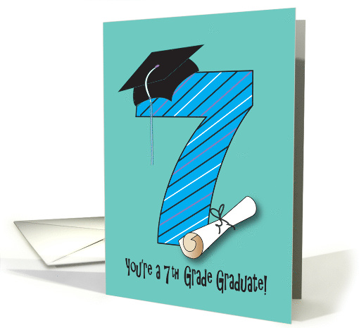 Graduation Congratulations for 7th Grader, Large 7, Hat & Diploma card