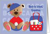 Back to School for Grandson Bear with Backpack in Baseball Cap card