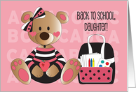 Back to School for Daughter Brown Bear with Polka Dot Backpack & Bow card