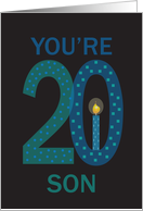 20th Birthday for Son, Large Decorated Numbers with Candle card