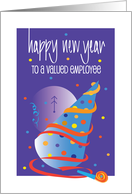2025 Happy New Year for Employee with Party Hat Clock and Streamer card