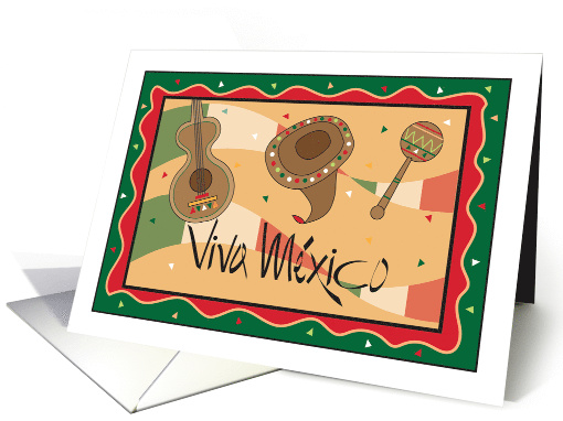 Hand Lettered Mexican Independence Day, flag, guitar & sombrero card