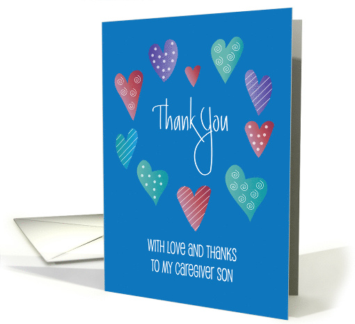 Hand Lettered Thank you to Caregiver Son with Decorated Hearts card