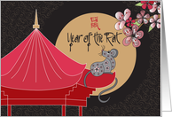 Chinese New Year of the Rat, Floral Red Pagoda, Rat & Full Moon card