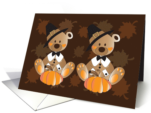 Thanksgiving for Twin Boys, Two Bears in Pilgrim Hats & Pumpkins card