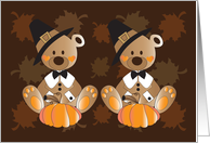 Thanksgiving for Twin Boys, Two Bears in Pilgrim Hats & Pumpkins card