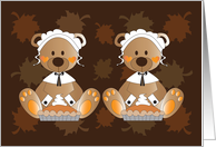 Thanksgiving for Twin Girls, Bears in Pilgrim Bonnets & Pumpkin Pie card