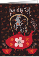 Hand Lettered Chinese New Year of the Rat, Tea Pot and Floral Rat card