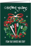 Christmas from Dentist with Wreath and Trio of Decorated Toothbrushes card