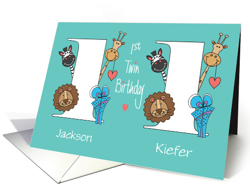 1st Birthday Twin Boys with Custom Names Zoo Animals Celebrating card