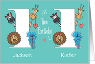 1st Birthday Twin Boys with Custom Names Zoo Animals Celebrating card