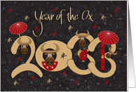 Chinese New Year of the Ox 2033, Large Date with Oxen & Umbrellas card