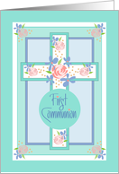 Hand Lettered First Holy Communion Congratulations with Floral Cross card