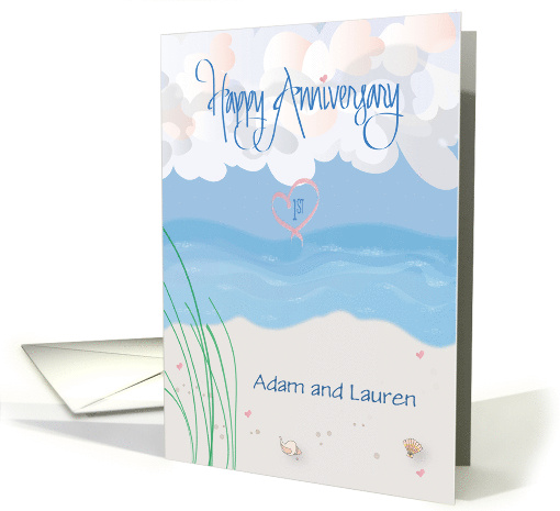 Hand Lettered First Anniversary with Beach Scene and Custom Names card