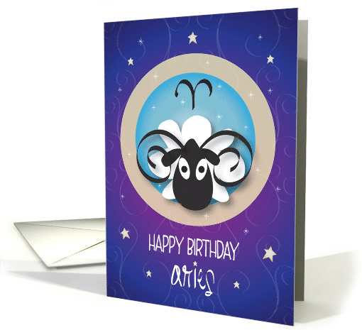 Hand Lettered Birthday for Zodiac Sign Aries Horned Ram and Stars card