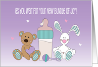 Hand Lettered Pregnancy Congratulations with Toy Bear and Bunny card